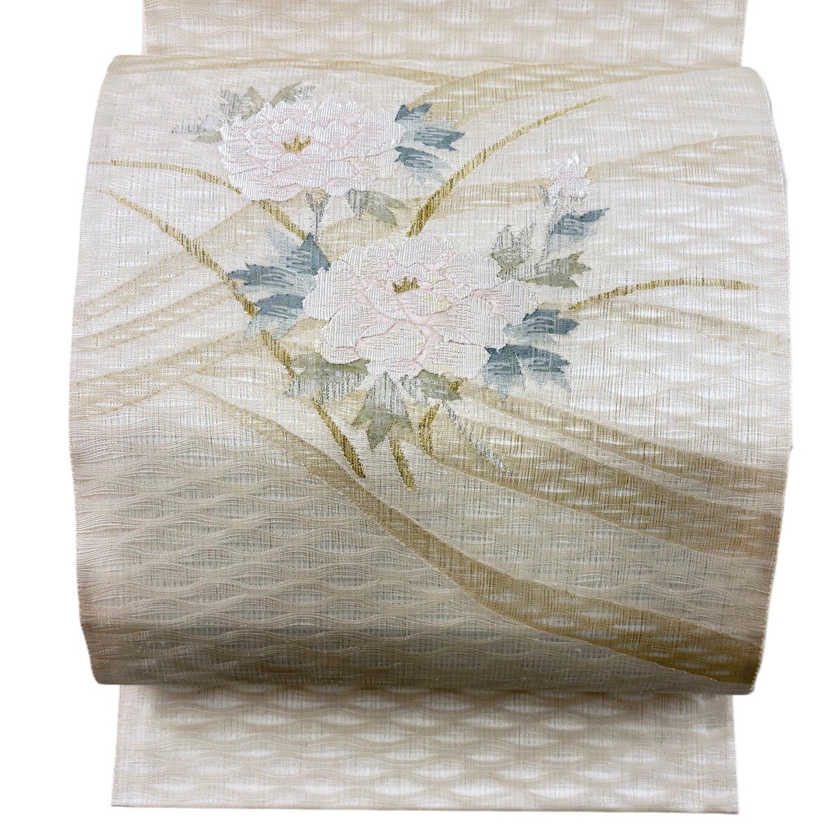 美品】 袋帯 秀品 夏帯 関西仕立て 牡丹 金銀糸 薄茶色 お太鼓柄 正絹