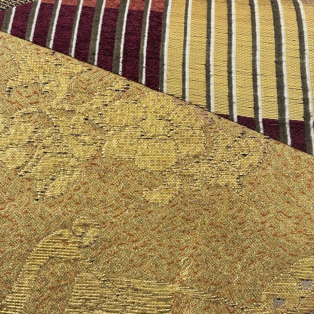 美品】 袋帯 秀品 鳥 草花 金糸 切り嵌め 金茶 お太鼓柄 正絹｜中古