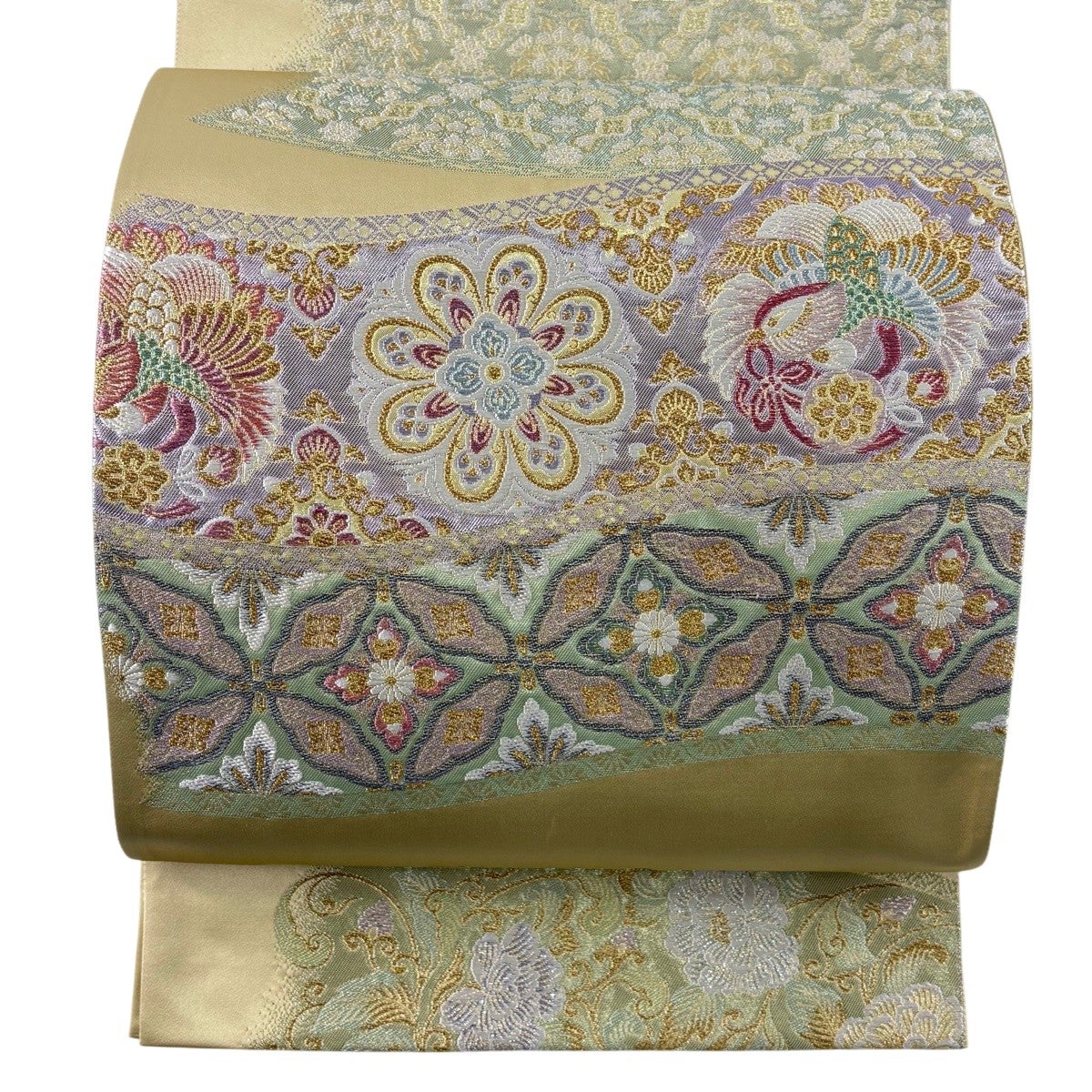 美品】 袋帯 秀品 華文 鳳凰 唐織 金糸 クリーム 六通 正絹｜中古