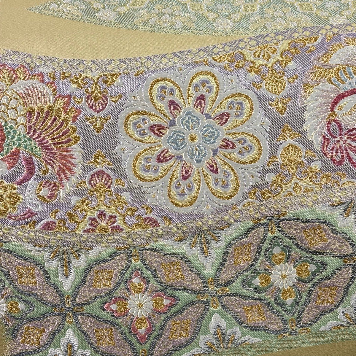 美品】 袋帯 秀品 華文 鳳凰 唐織 金糸 クリーム 六通 正絹｜中古