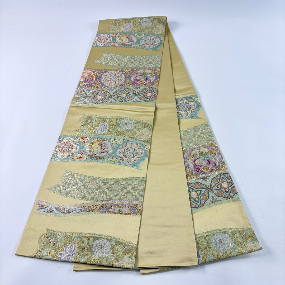 美品】 袋帯 秀品 華文 鳳凰 唐織 金糸 クリーム 六通 正絹｜中古