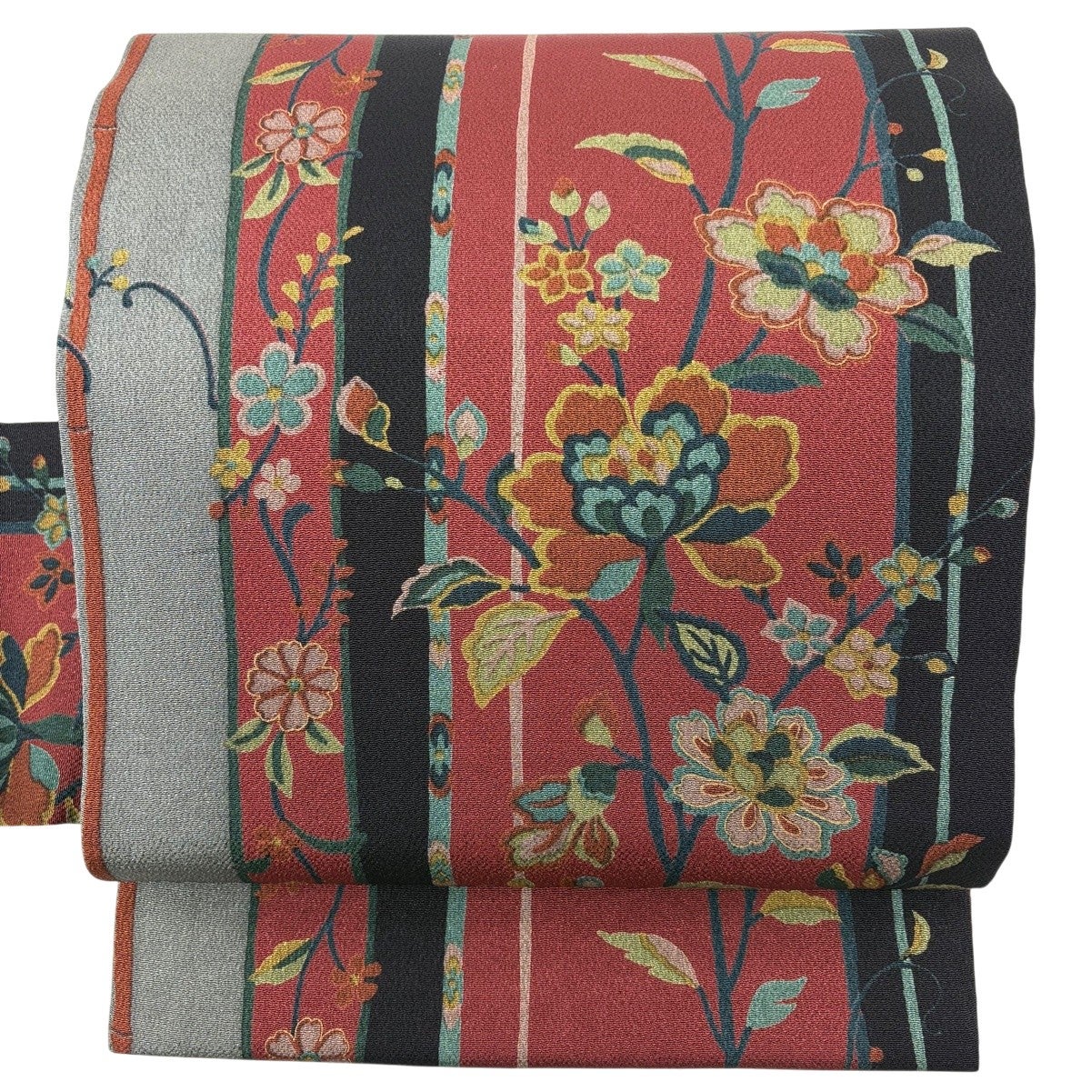名古屋帯 秀品 草花 縞 金彩 縮緬 赤 正絹｜中古・古着・リサイクル