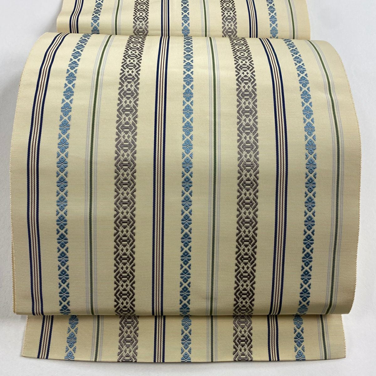 最終値引き】 70%OFF 名古屋帯 名品 八寸名古屋帯 松葉仕立て 縞 幾何