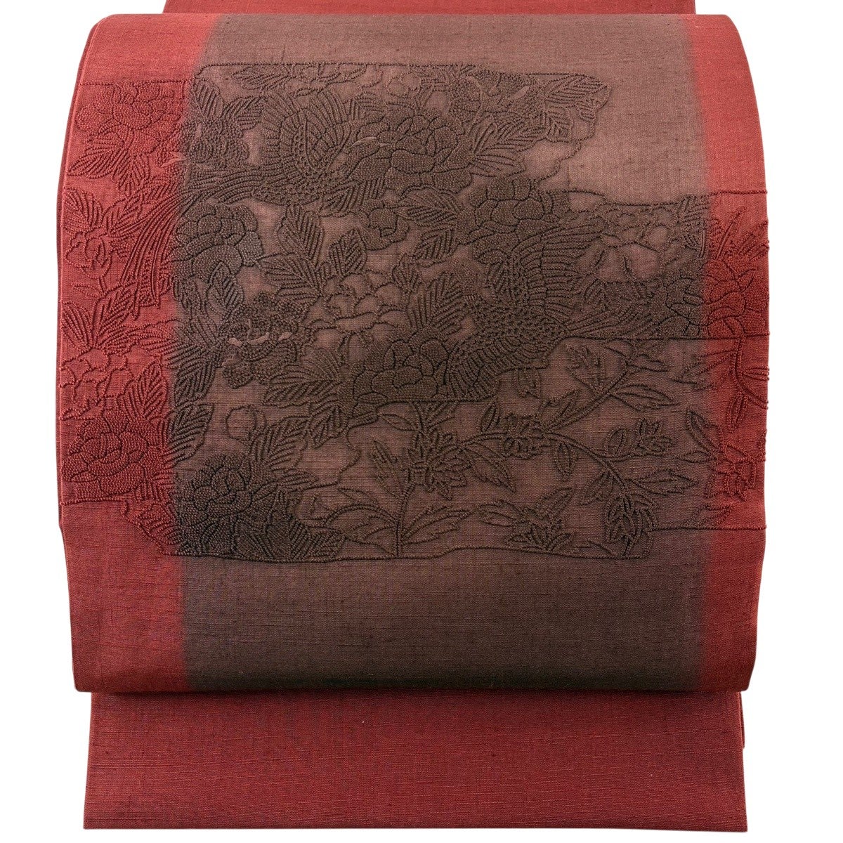 美品】 袋帯 秀品 鳥 草花 相良刺繍 赤 お太鼓柄 正絹｜中古・古着