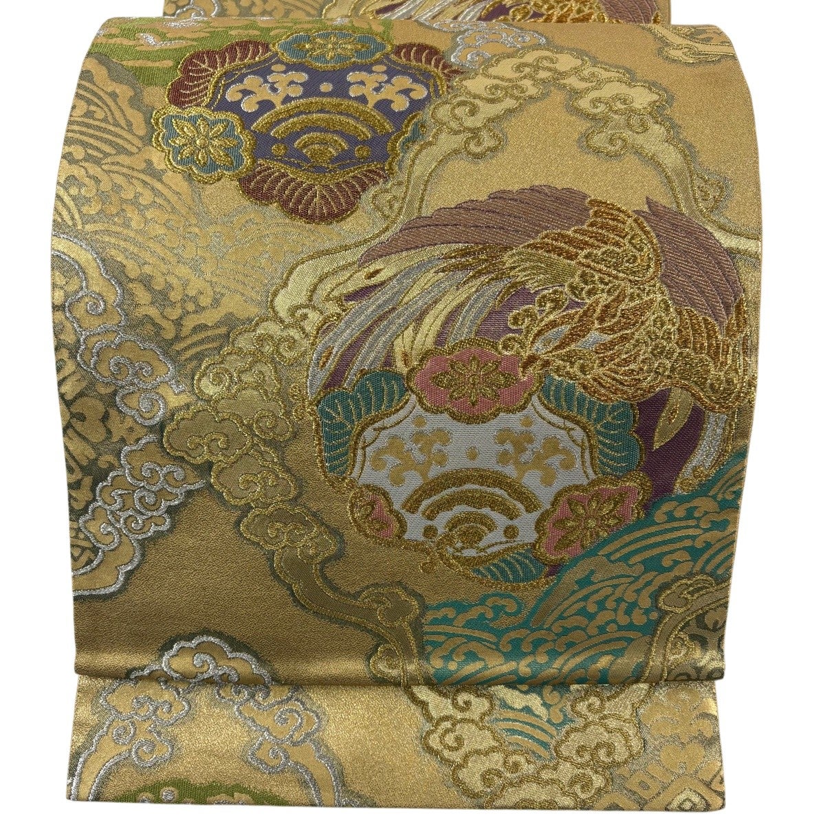 袋帯 秀品 鳥 波 青銅箔 金銀糸 金色 六通 正絹｜中古・古着