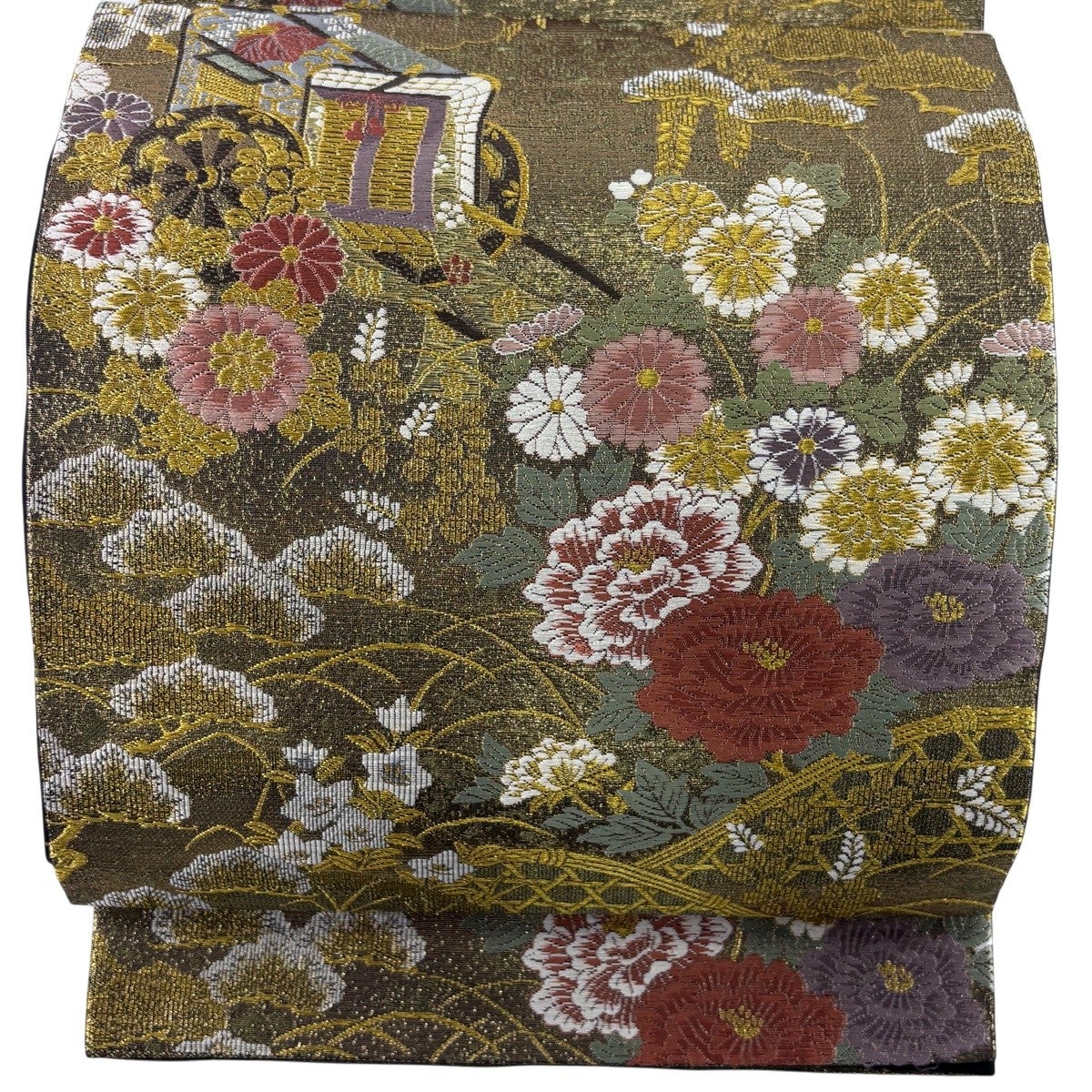 袋帯 秀品 御所車 草花 金糸 箔 金茶 六通 正絹｜中古・古着
