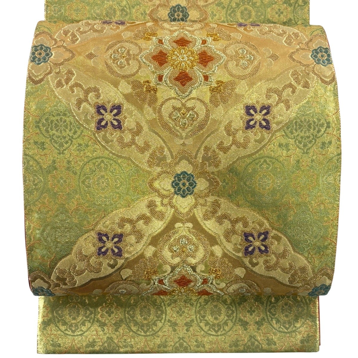 美品】 袋帯 秀品 証紙あり 七宝華文 草花 金糸 本金箔 金色 六通 正絹