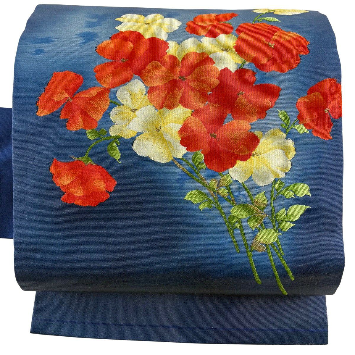 美品】 名古屋帯 優品 関西仕立て 花唐草 箔 青 正絹｜中古・古着