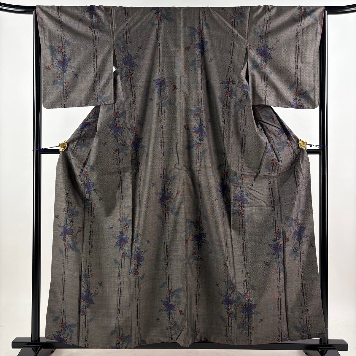 紬 身丈158cm 裄丈66cm M 袷 名古屋帯セット 草花 焦茶色 正絹 秀品