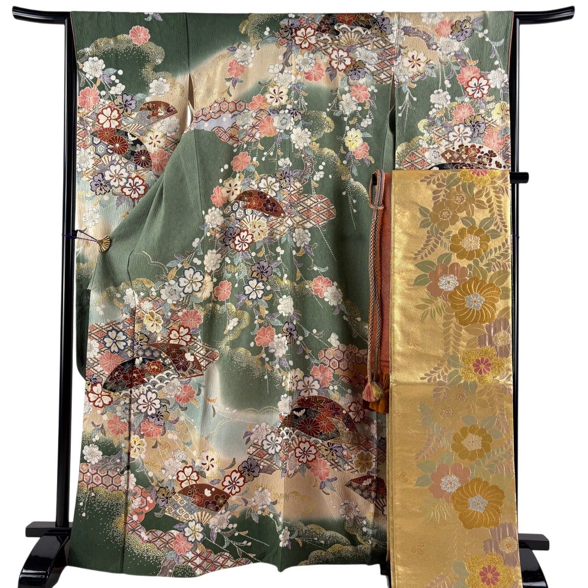 振袖 身丈168cm 裄丈65cm M 袷 袋帯フルセット 扇 桜 金彩 ぼかし 茶