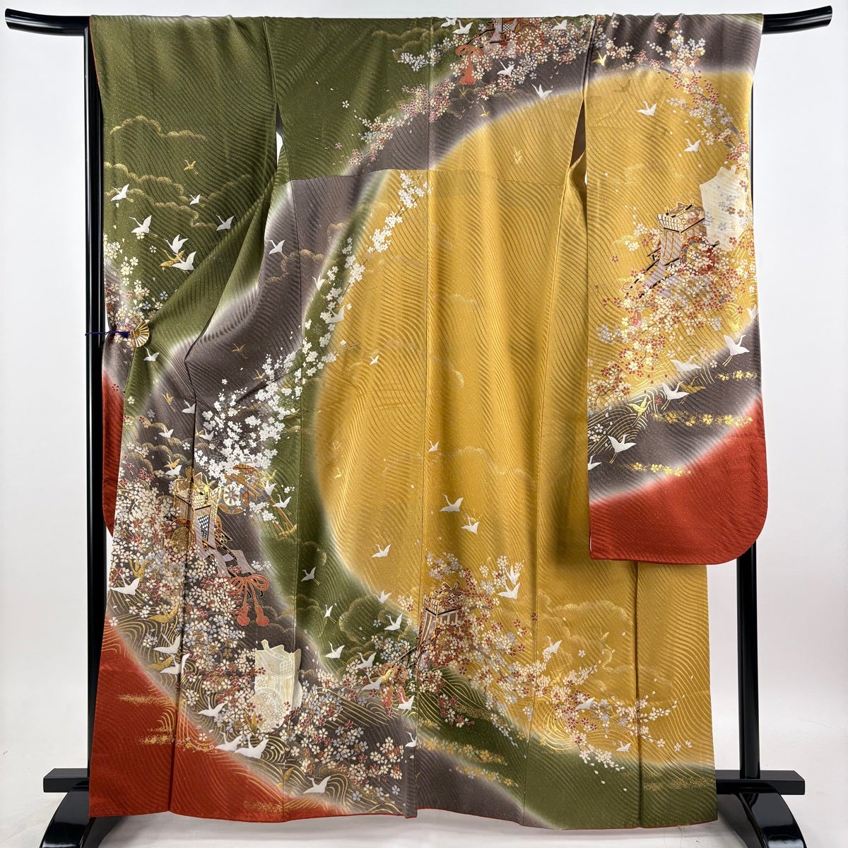 美品】 振袖 身丈163cm 裄丈69cm L 袷 袋帯フルセット 御所車 鶴 金糸
