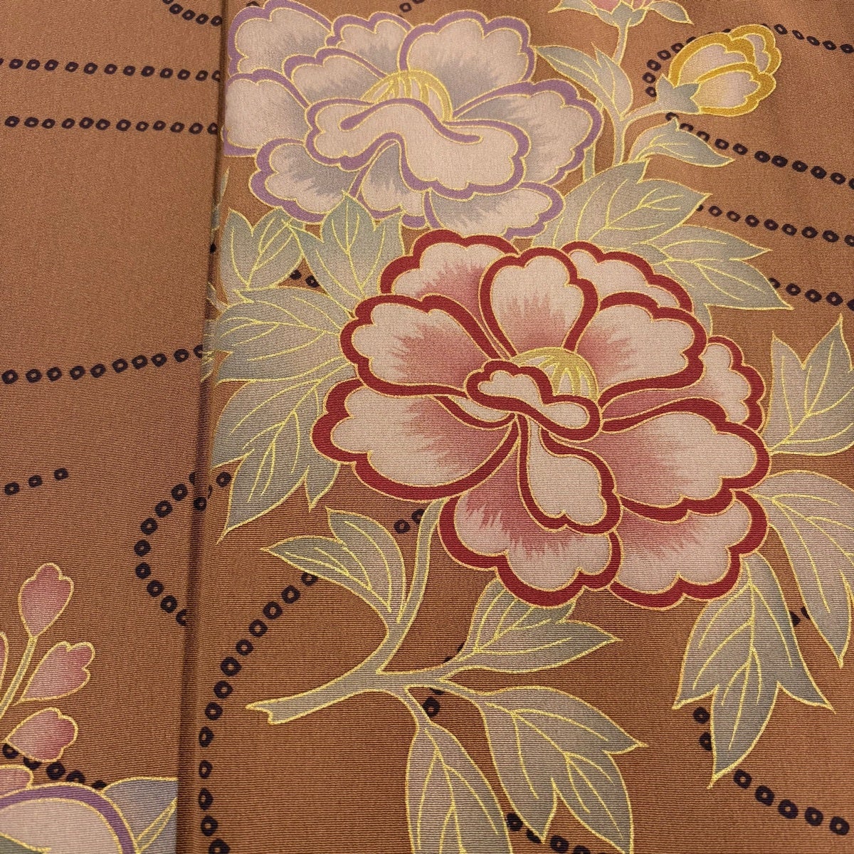 美品】 小紋 身丈163.5cm 裄丈66cm M 袷 草花 流水 金彩 茶色 正絹