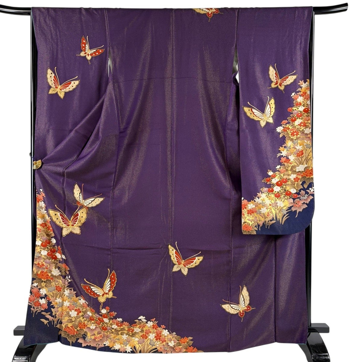 美品】 振袖 身丈169.5cm 裄丈66cm M 袷 蝶 草花 金通し 金糸 紫 正絹