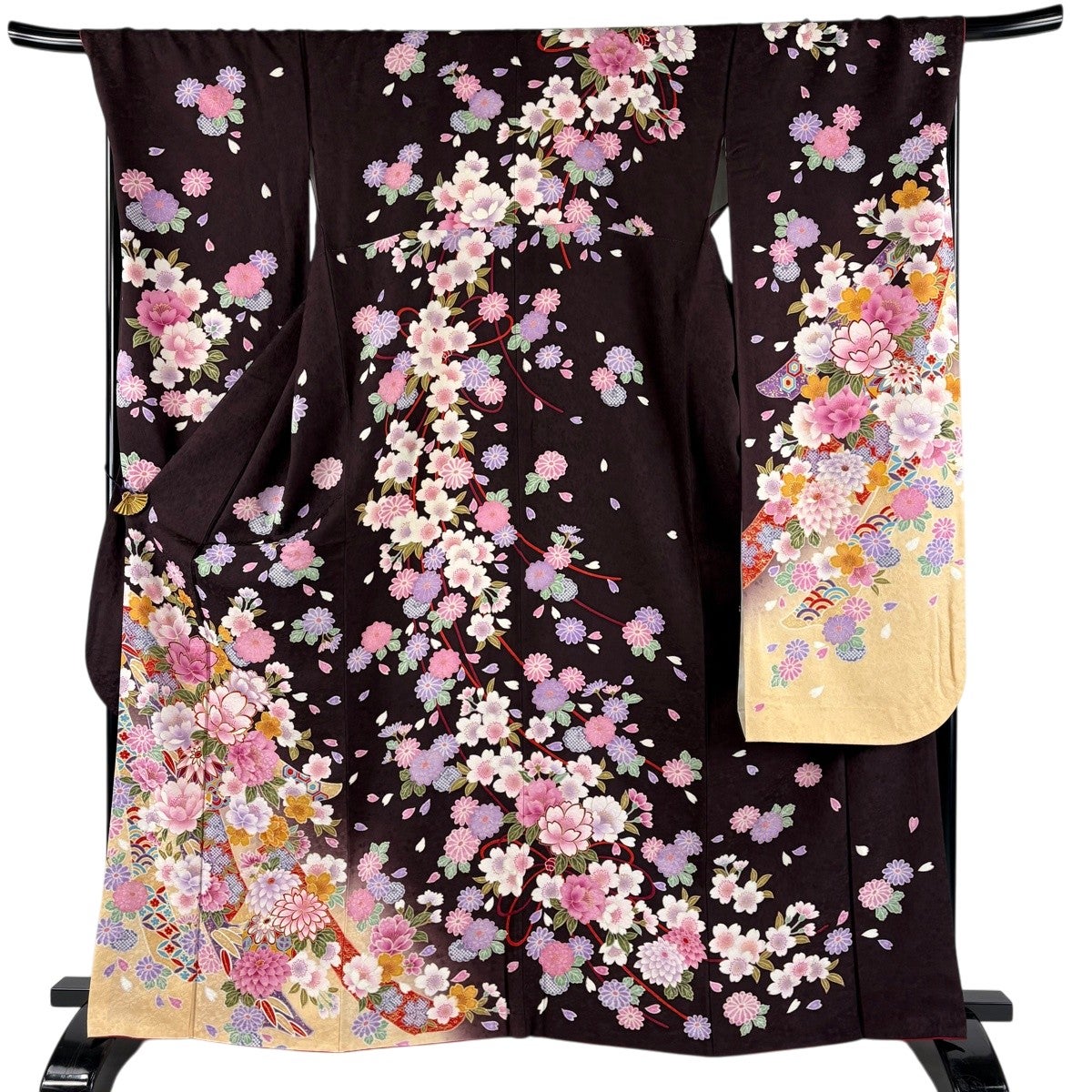 美品】 振袖 身丈164.5cm 裄丈70.5cm L 袷 草花 熨斗 金糸 金彩 茶紫
