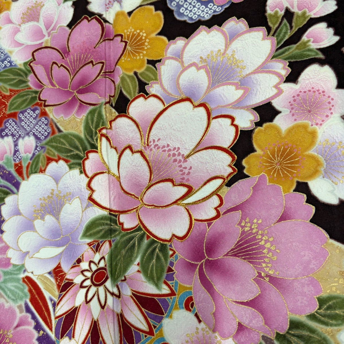 美品】 振袖 身丈164.5cm 裄丈70.5cm L 袷 草花 熨斗 金糸 金彩 茶紫