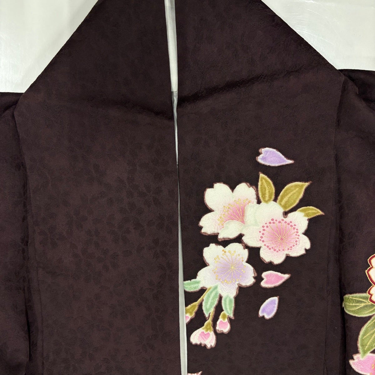 美品】 振袖 身丈164.5cm 裄丈70.5cm L 袷 草花 熨斗 金糸 金彩 茶紫
