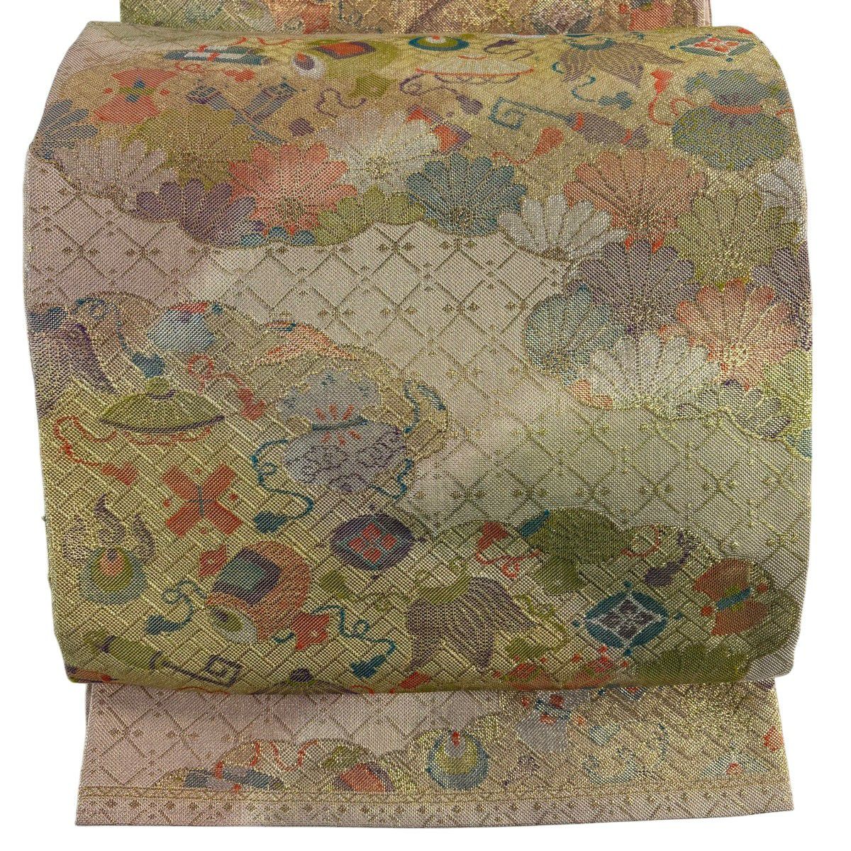 袋帯 秀品 琳派吉祥文様 関西仕立て 草花 鶴 金糸 箔 灰紫 六通 袋帯 秀品 琳派吉祥文様 関西仕立て 草花 鶴 金糸 箔 灰紫 六通