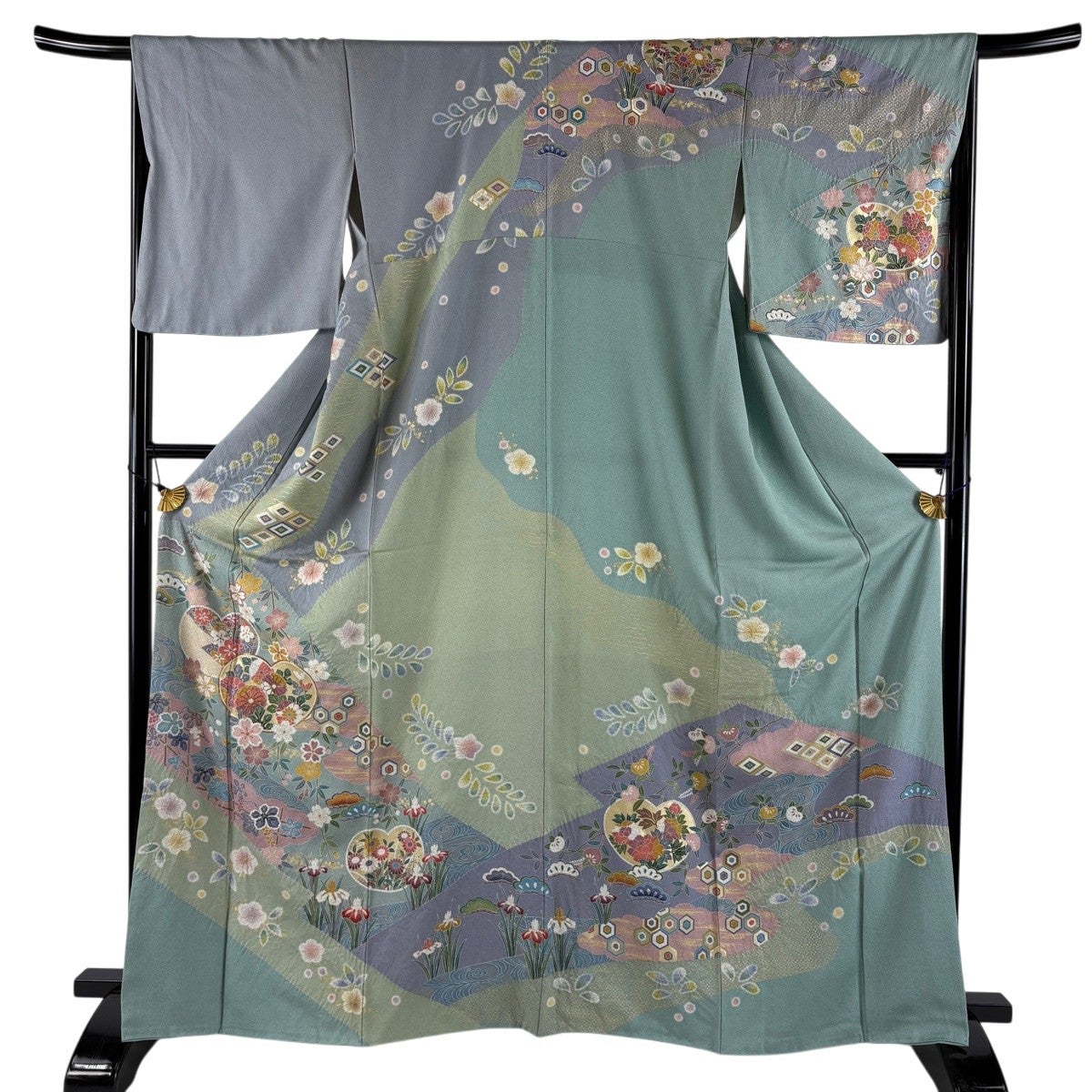 訪問着 身丈162cm 裄丈65.5cm M 袷 蝶 橘 金彩 薄緑 正絹 名品｜中古