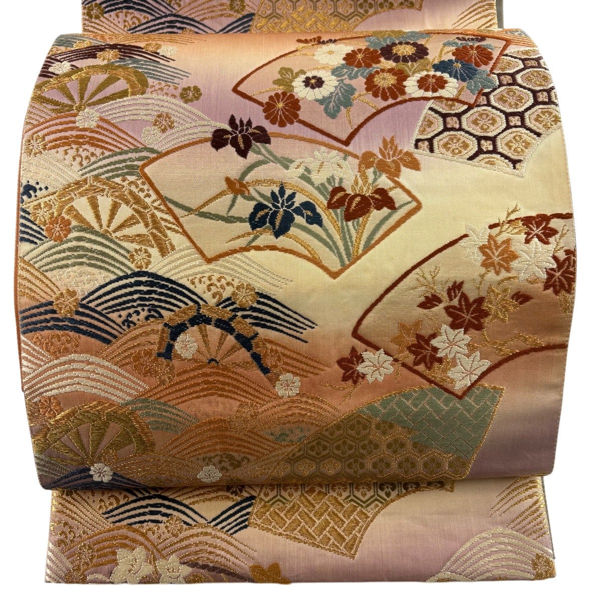 袋帯 秀品 扇面 草花 刺繍 金糸 ベージュ 六通 正絹｜中古・古着