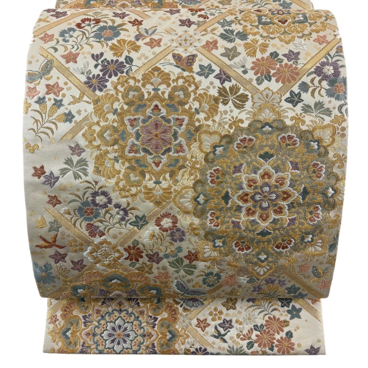 美品】 袋帯 秀品 花唐草 唐織 箔 灰茶 六通 正絹｜中古・古着
