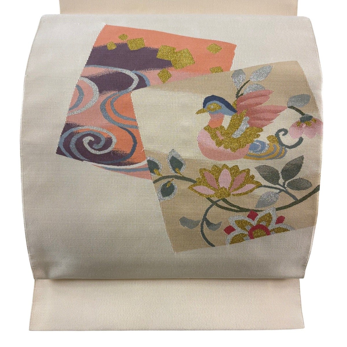 美品】 名古屋帯 秀品 夏帯 紗 花唐草 縞 刺繍 金銀糸 灰緑 正絹｜中古