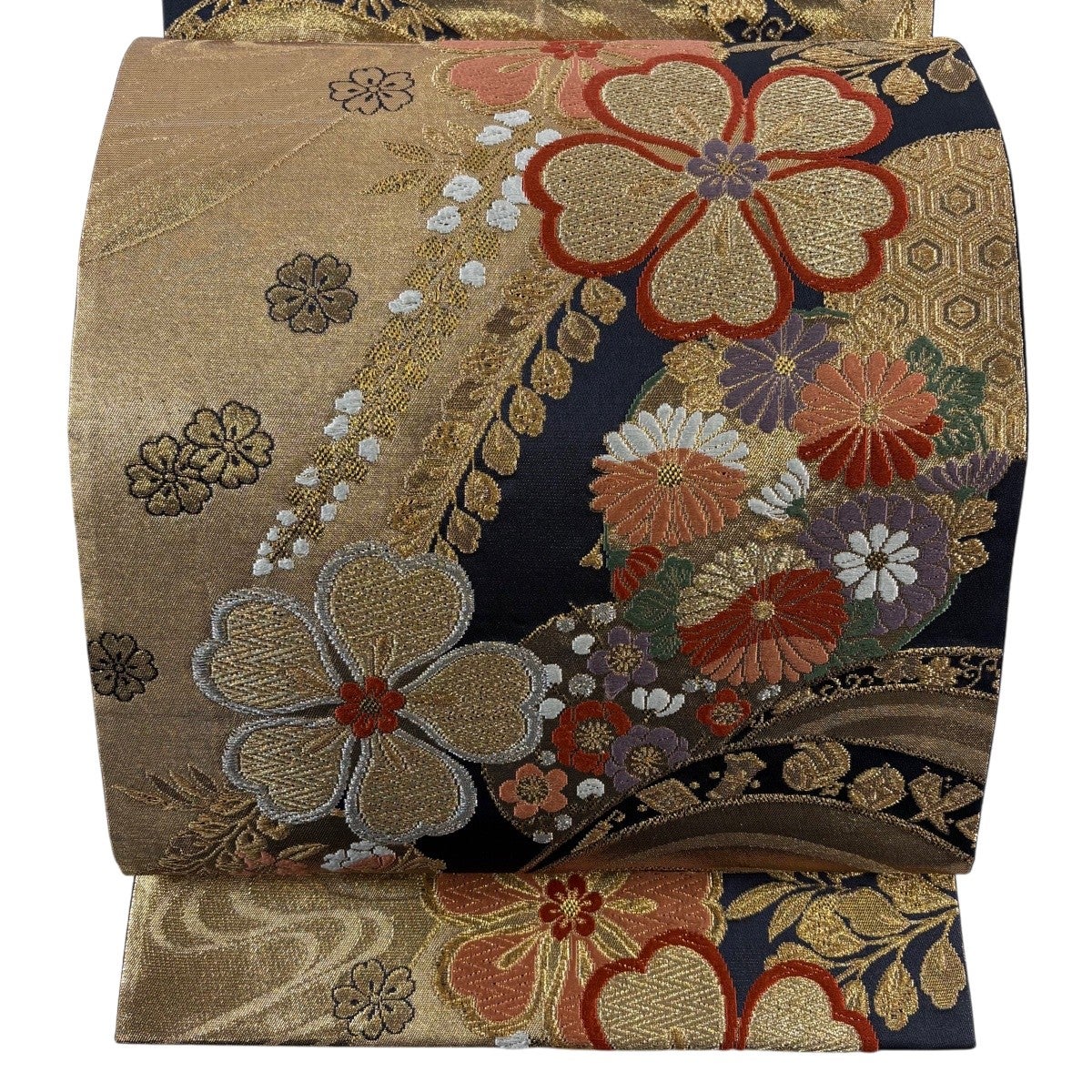 袋帯 秀品 振袖向き 花丸文 橘 金銀糸 唐織 緑 六通 正絹｜中古・古着