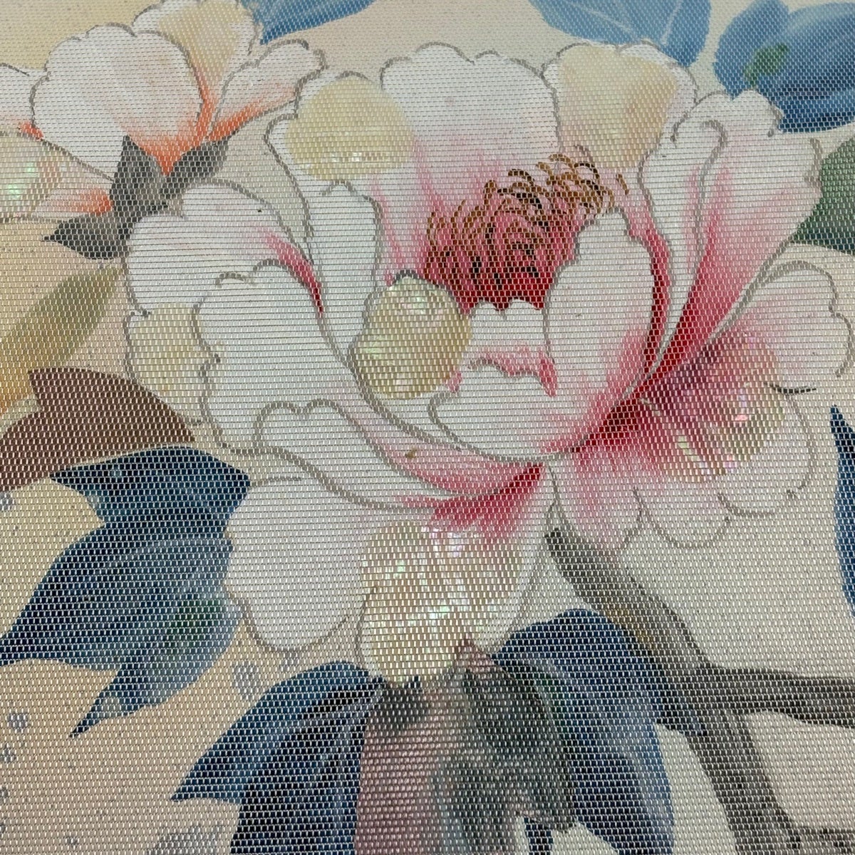 名古屋帯 秀品 牡丹 螺鈿箔 金銀彩 クリーム 正絹｜中古・古着