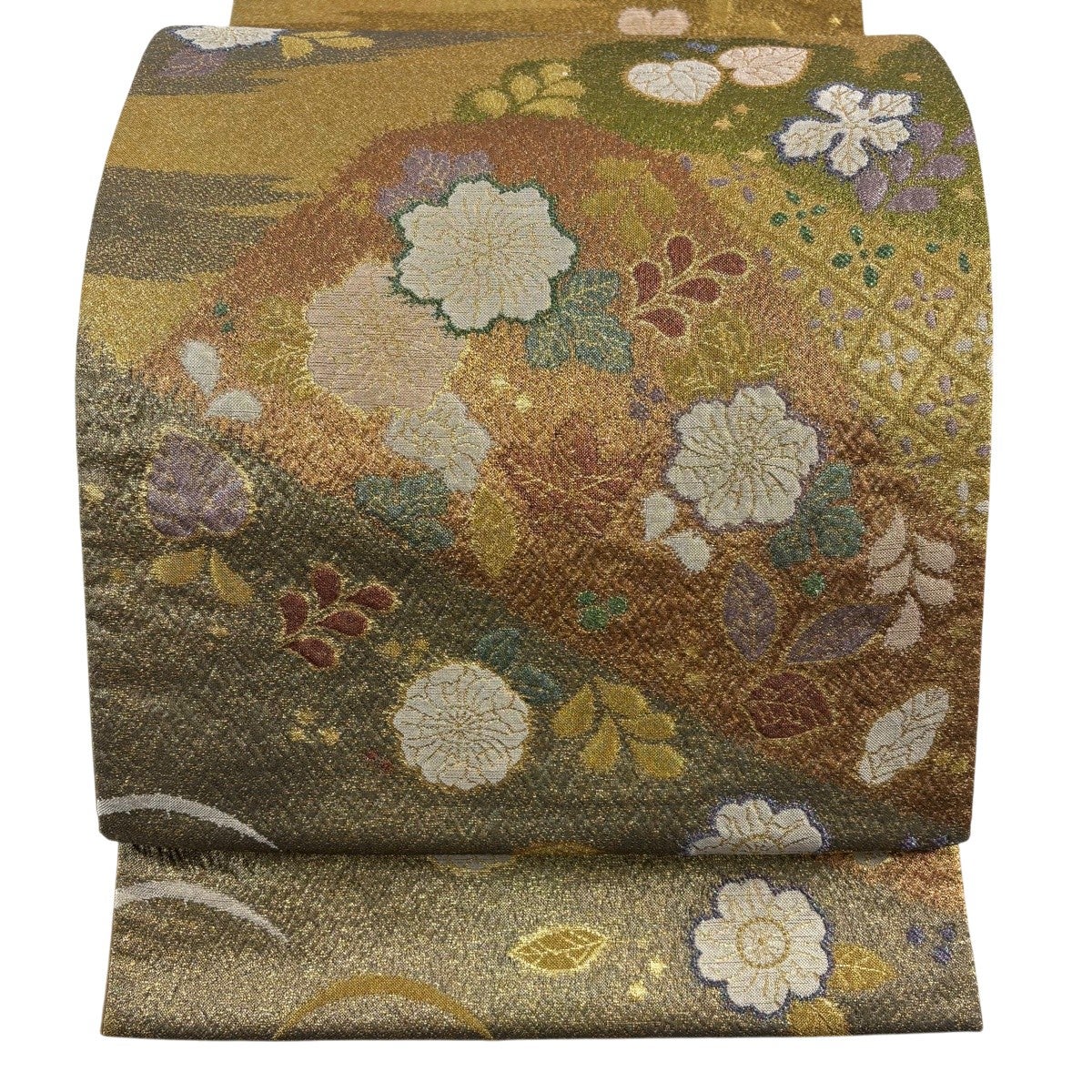 美品】 袋帯 秀品 草花 霞 金糸 箔 金色 お太鼓柄 正絹｜中古・古着