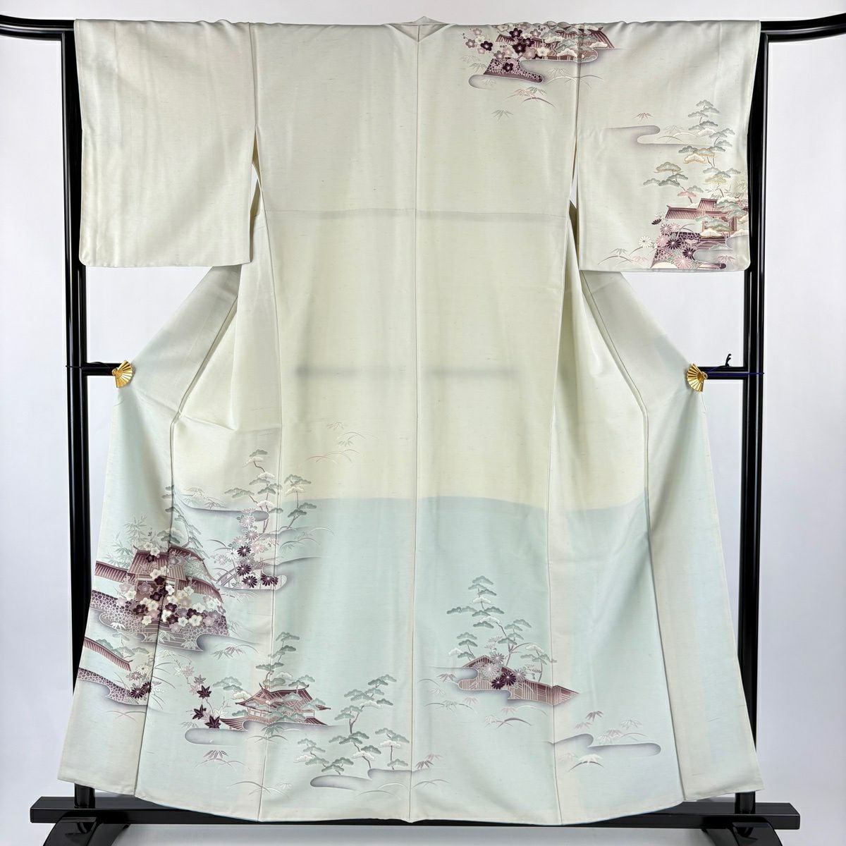 「縁」150ｃｍ～156ｃｍ 白山紬 金彩染 訪問着 バチ衿 正絹 Ｂ４７５ 訪問着 身丈161cm 裄丈64cm M 単衣 紬地 バチ衿 建物 松竹梅 金彩