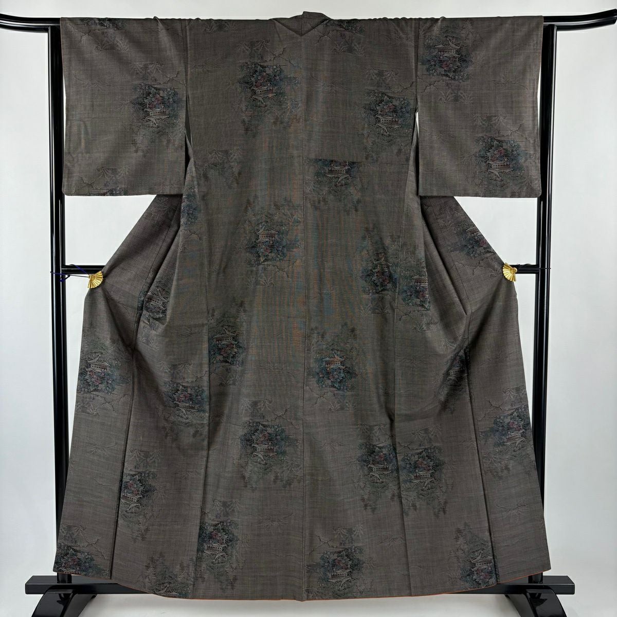 紬 身丈156.5cm 裄丈64cm M 袷 紬地 幾何学 灰紫 正絹 秀品｜中古