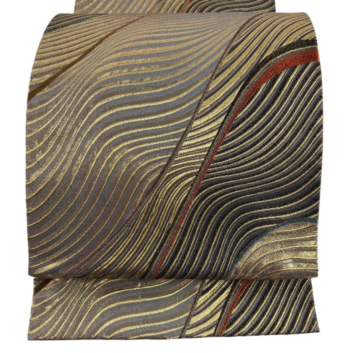 袋帯 美品 秀品 幾何学 箔 金糸 茜色 全通 正絹 【中古