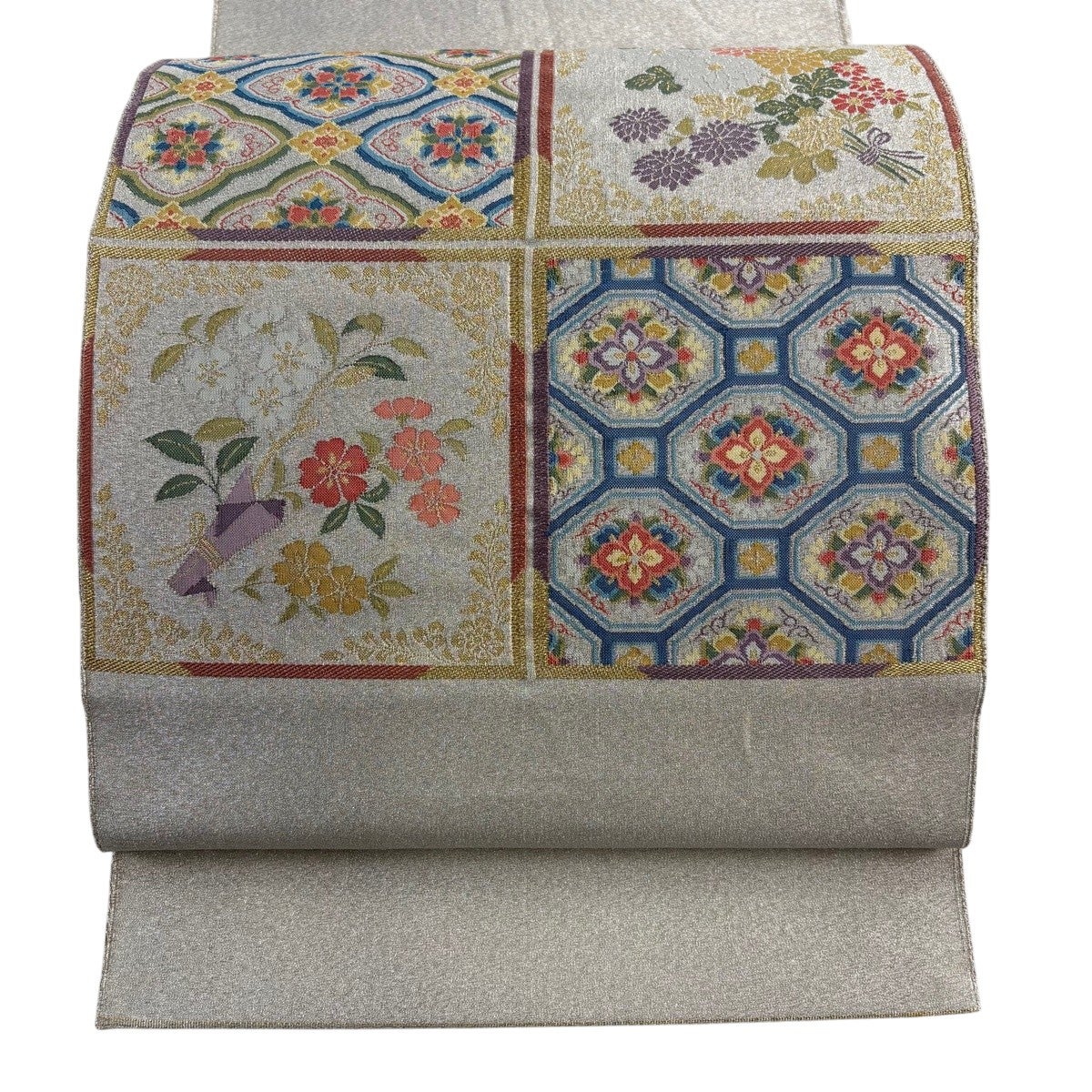 袋帯 秀品 草花 華文 金銀糸 銀色 お太鼓柄 正絹｜中古・古着