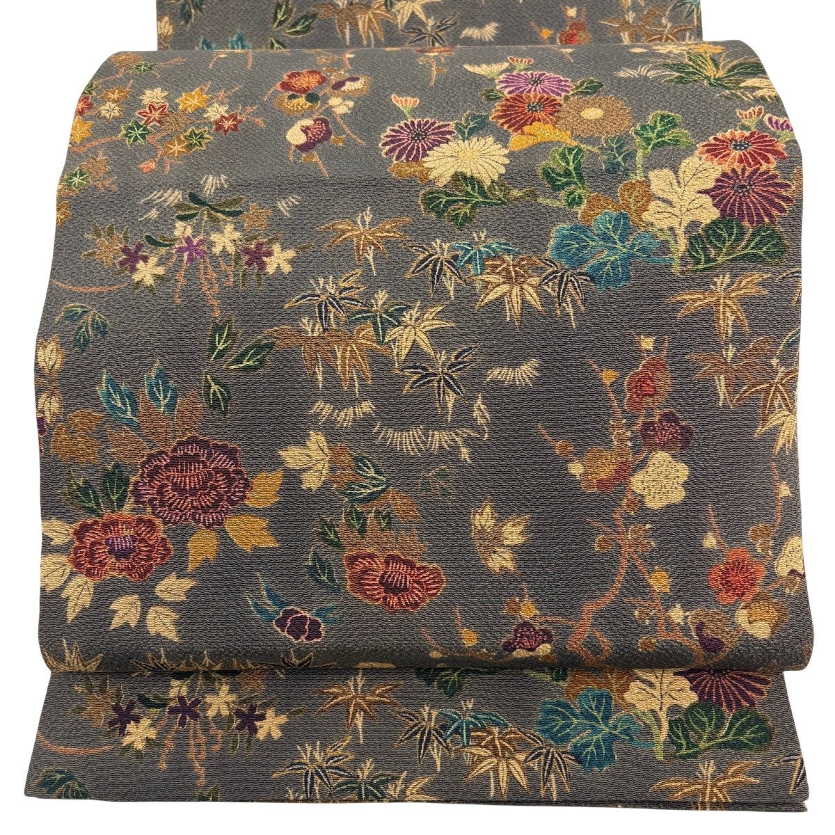 専用帯6723 ●山岡古都 高級 正絹 落款 名古屋仕立て 名古屋帯 開き名古屋帯 名品 山岡古都 落款あり 枝梅 草花 縮緬 灰茶 正絹｜中古