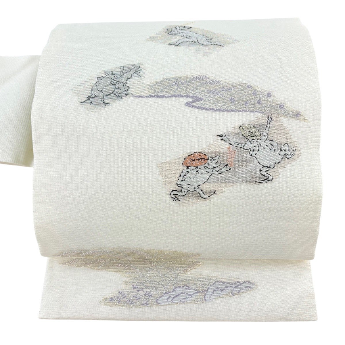 美品】 名古屋帯 逸品 夏帯 絽 鳥獣戯画 霞 金糸 ラメ糸 白 正絹｜中古