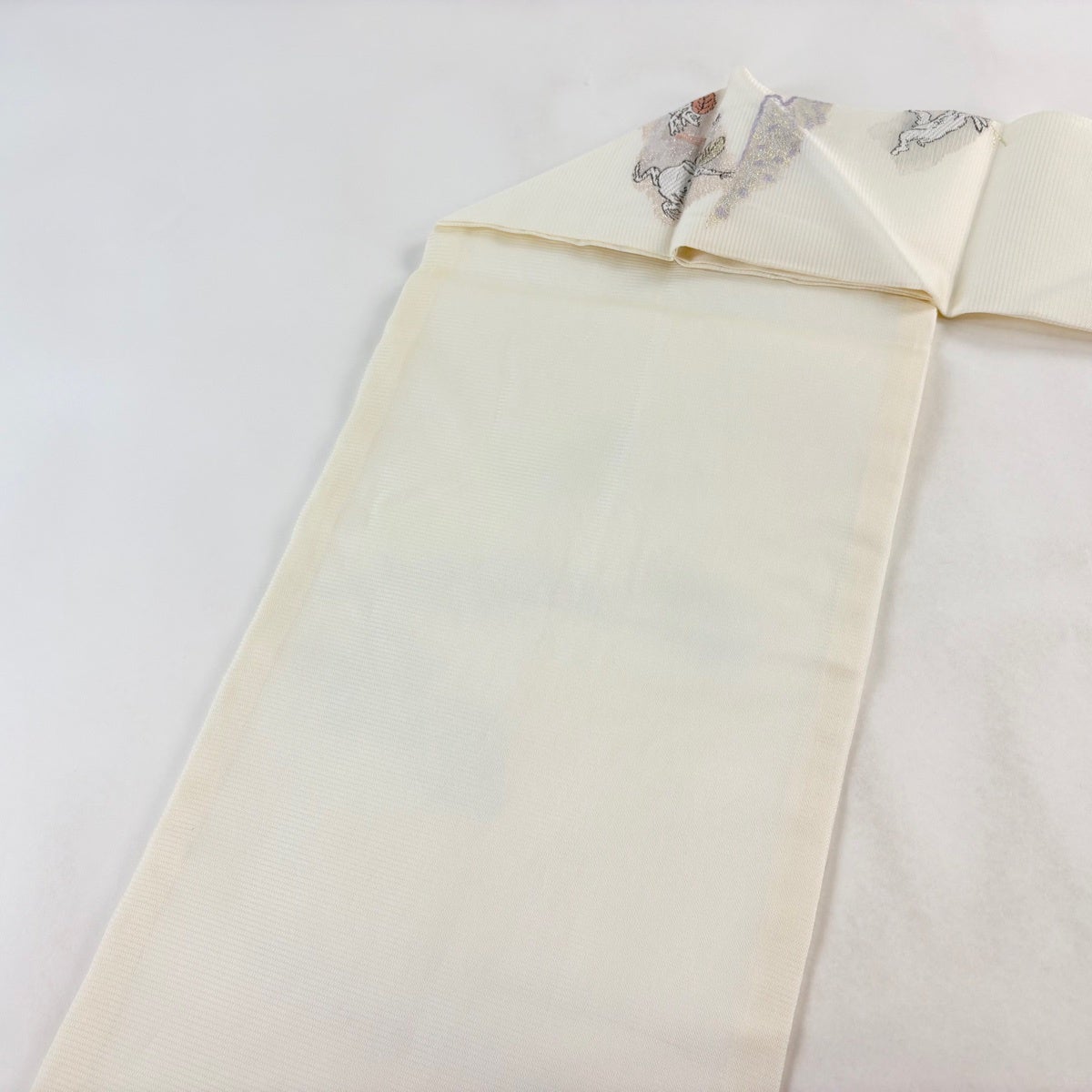 美品】 名古屋帯 逸品 夏帯 絽 鳥獣戯画 霞 金糸 ラメ糸 白 正絹｜中古