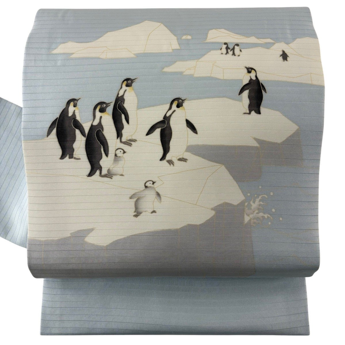 名古屋帯 逸品 夏帯 絽 五泉 ペンギン 氷山 水色 正絹｜中古・古着