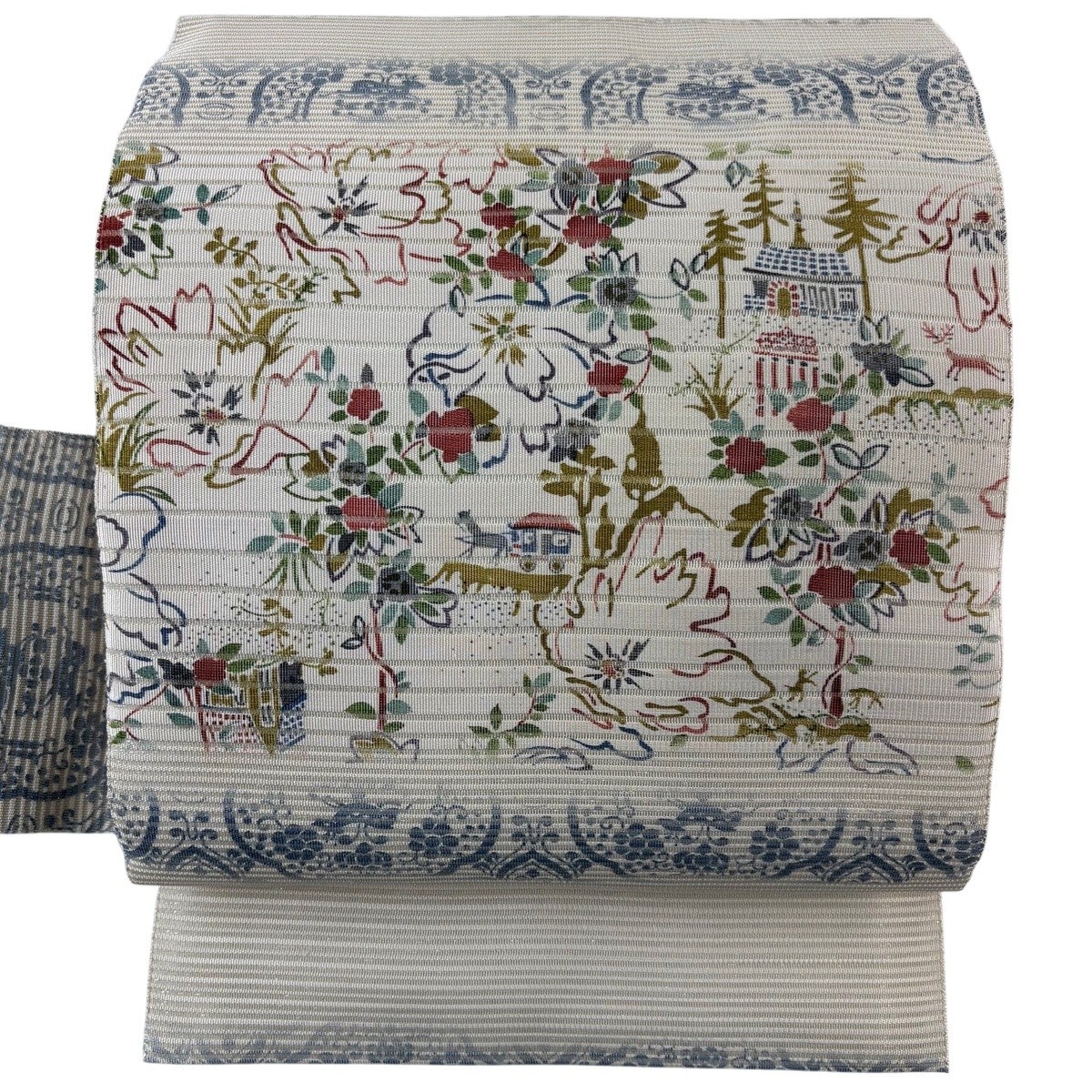 美品】 名古屋帯 逸品 夏帯 絽 草花 建物 箔 クリーム 正絹｜中古