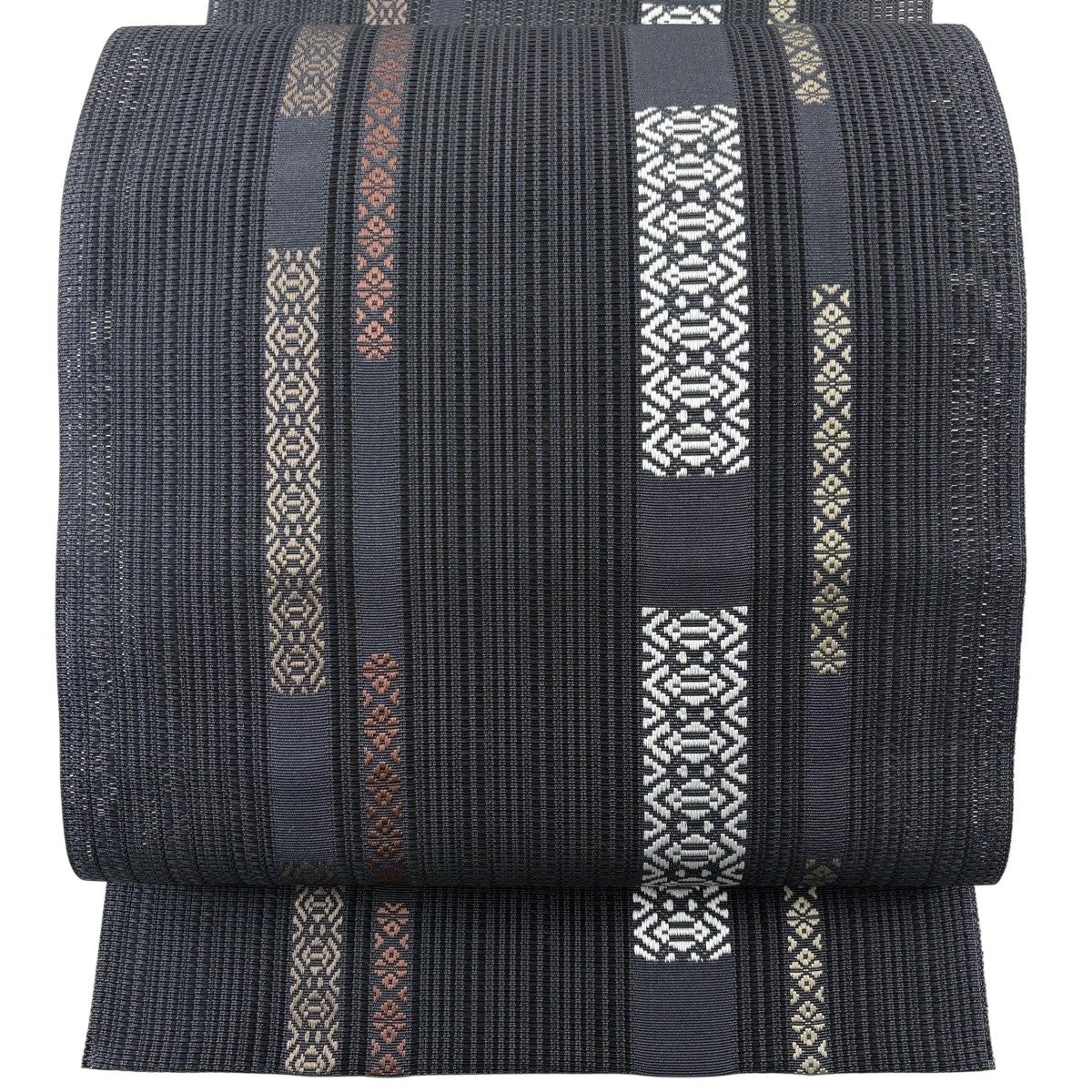 美品】 名古屋帯 逸品 夏帯 八寸名古屋帯 松葉仕立て 幾何学模様 黒灰