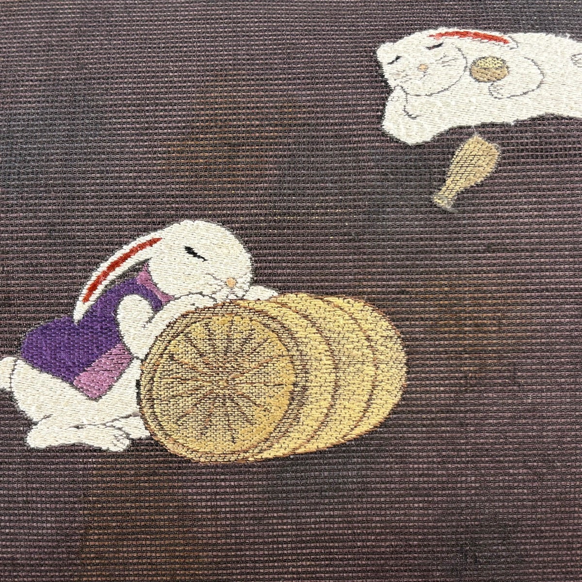 美品】 名古屋帯 逸品 夏帯 うさぎ 米俵 金彩 茶紫 正絹｜中古・古着