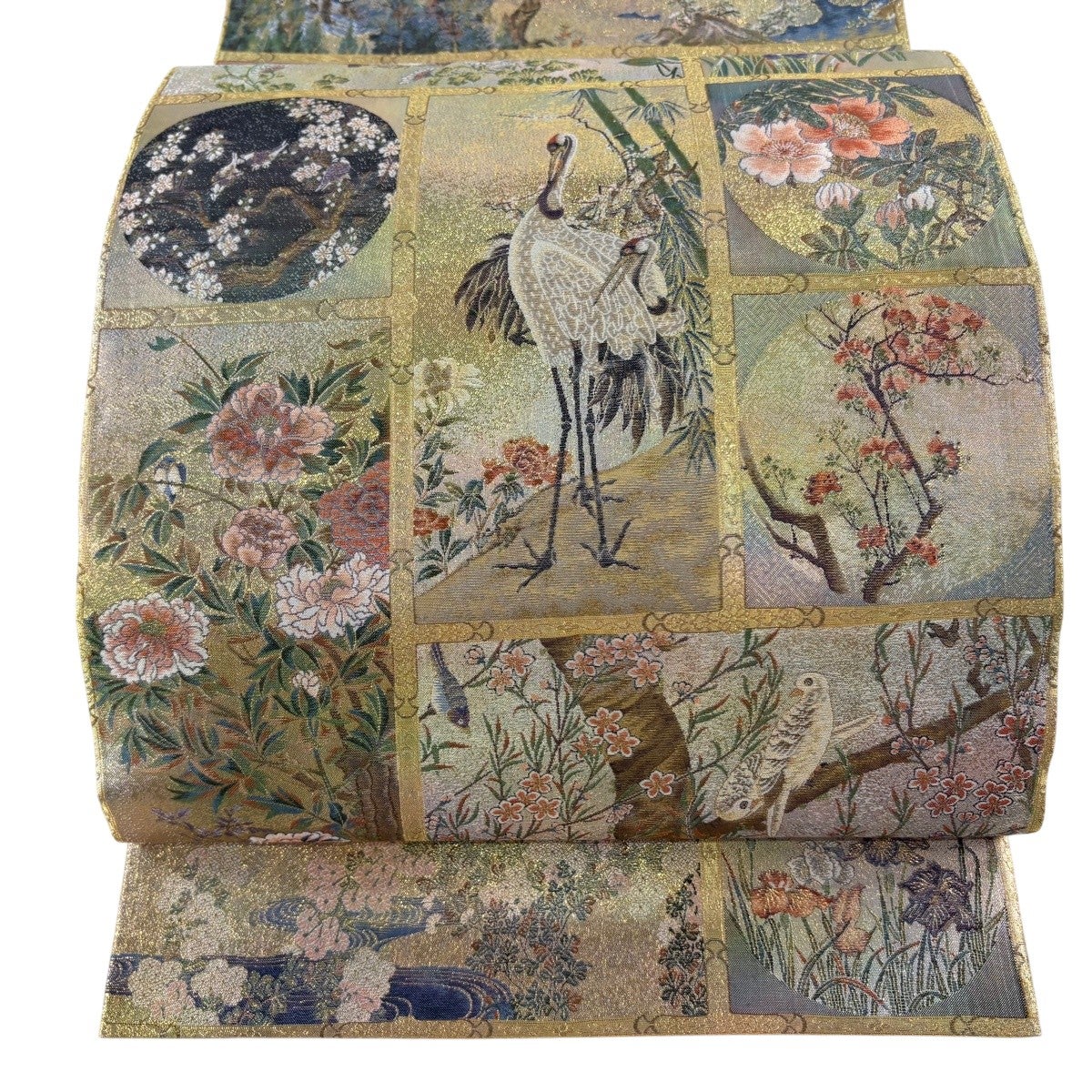 美品】 丸帯 逸品 草花 鶴 箔 灰緑 全通 正絹｜中古・古着・リサイクル