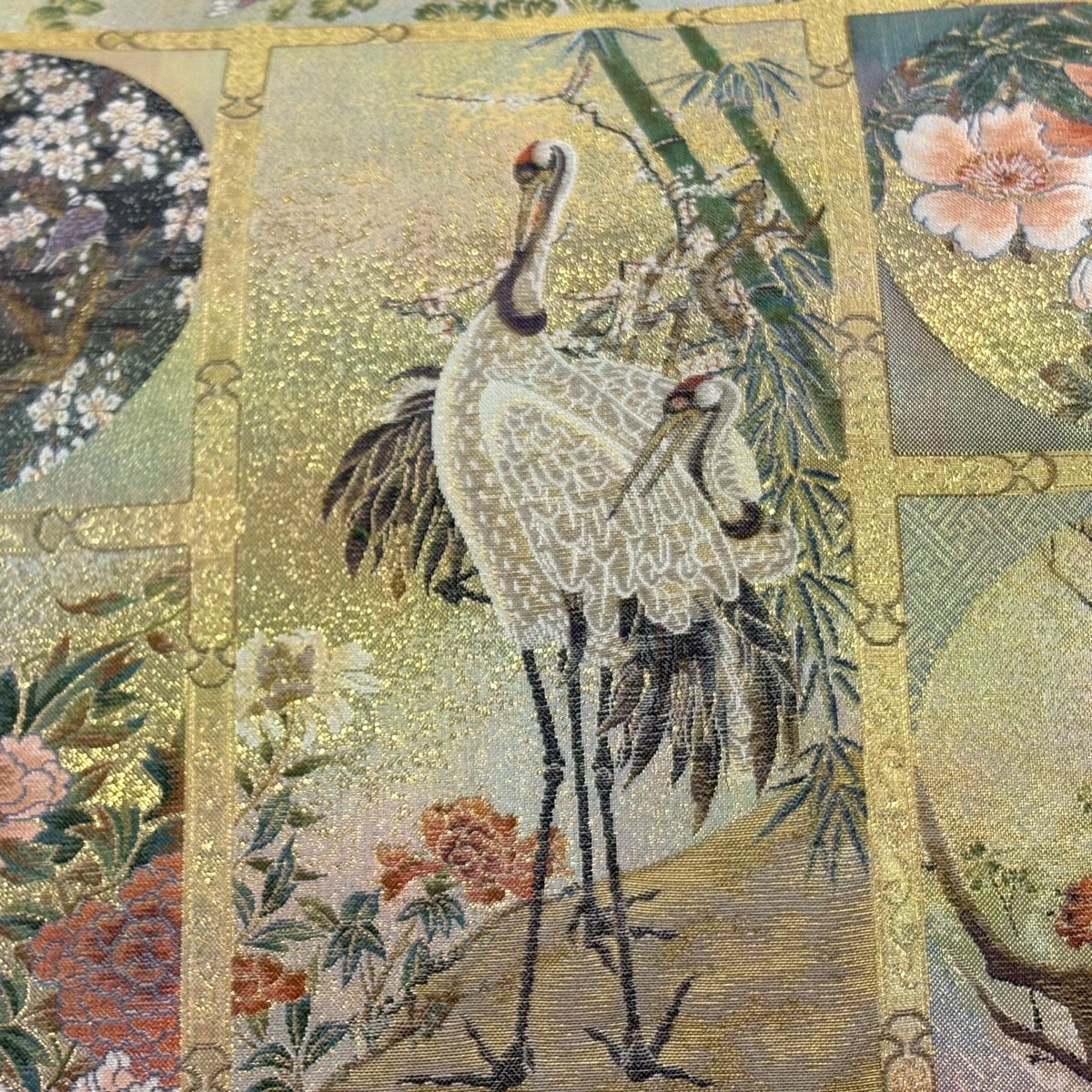 美品】 丸帯 逸品 草花 鶴 箔 灰緑 全通 正絹｜中古・古着・リサイクル