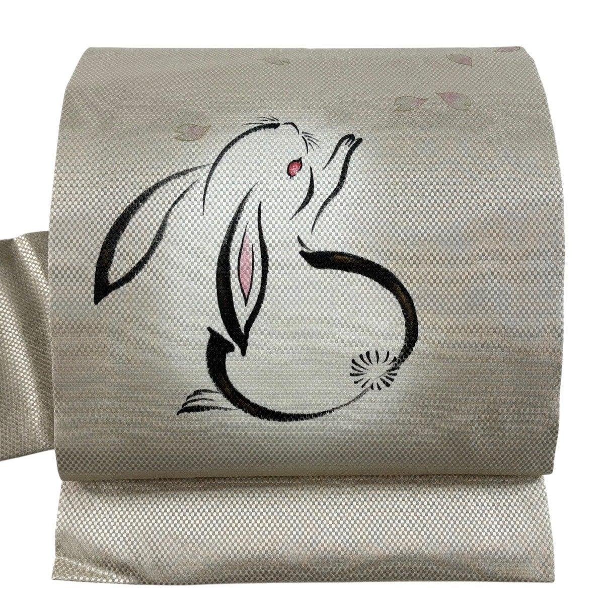名古屋帯　作り帯　紗　金銀のクローバー　着用一回　美品　特価です！ 美品】 名古屋帯 名品 落款あり うさぎ 花びら 金銀彩 金糸 ベージュ