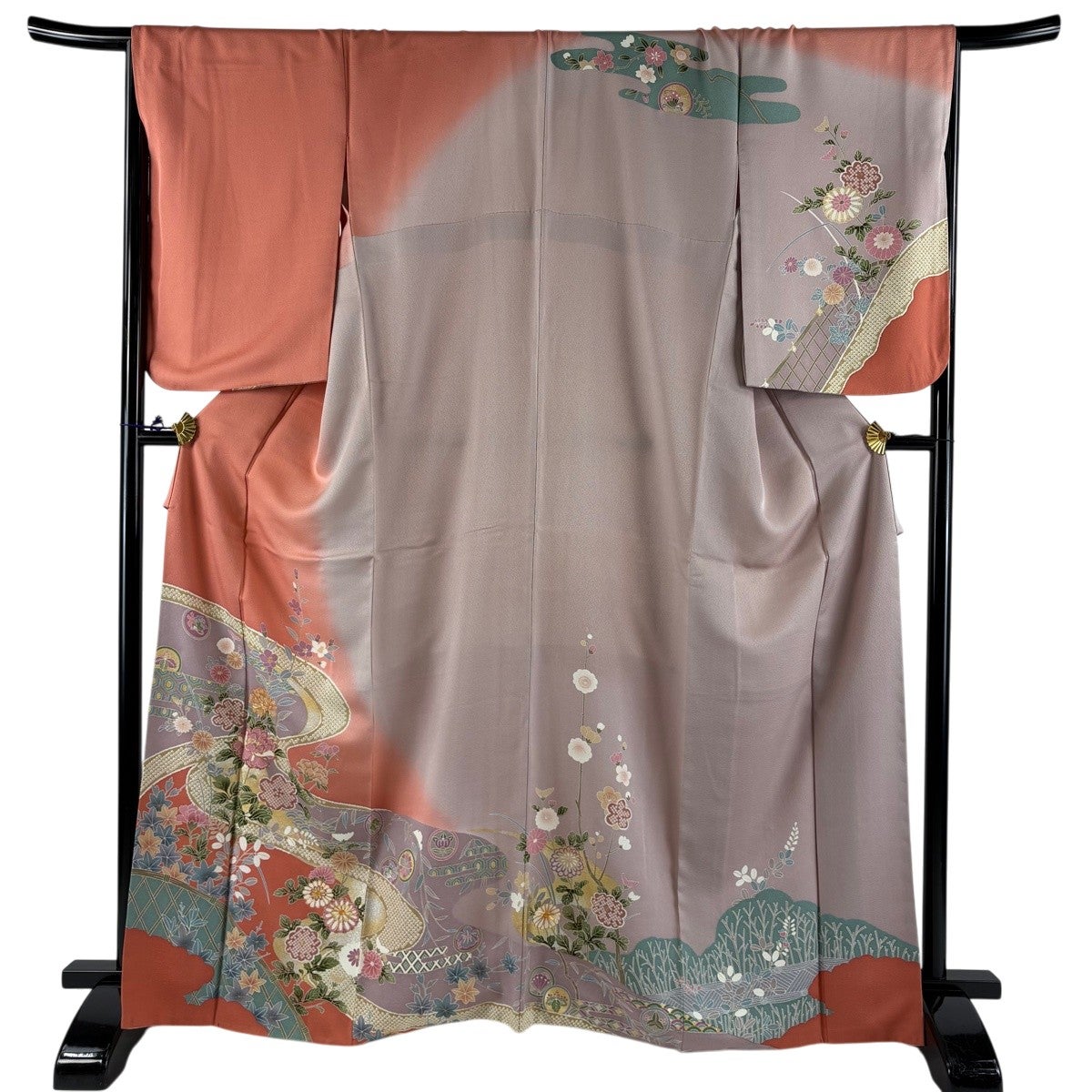 訪問着 身丈166cm 裄丈68cm L 袷 草花 流水 金糸 金銀彩 サーモン