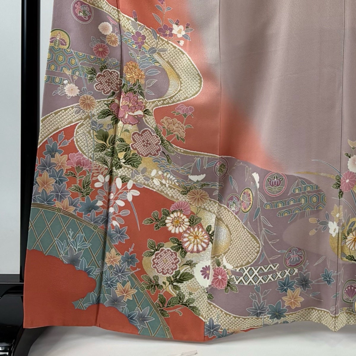 訪問着 身丈166cm 裄丈68cm L 袷 草花 流水 金糸 金銀彩 サーモン