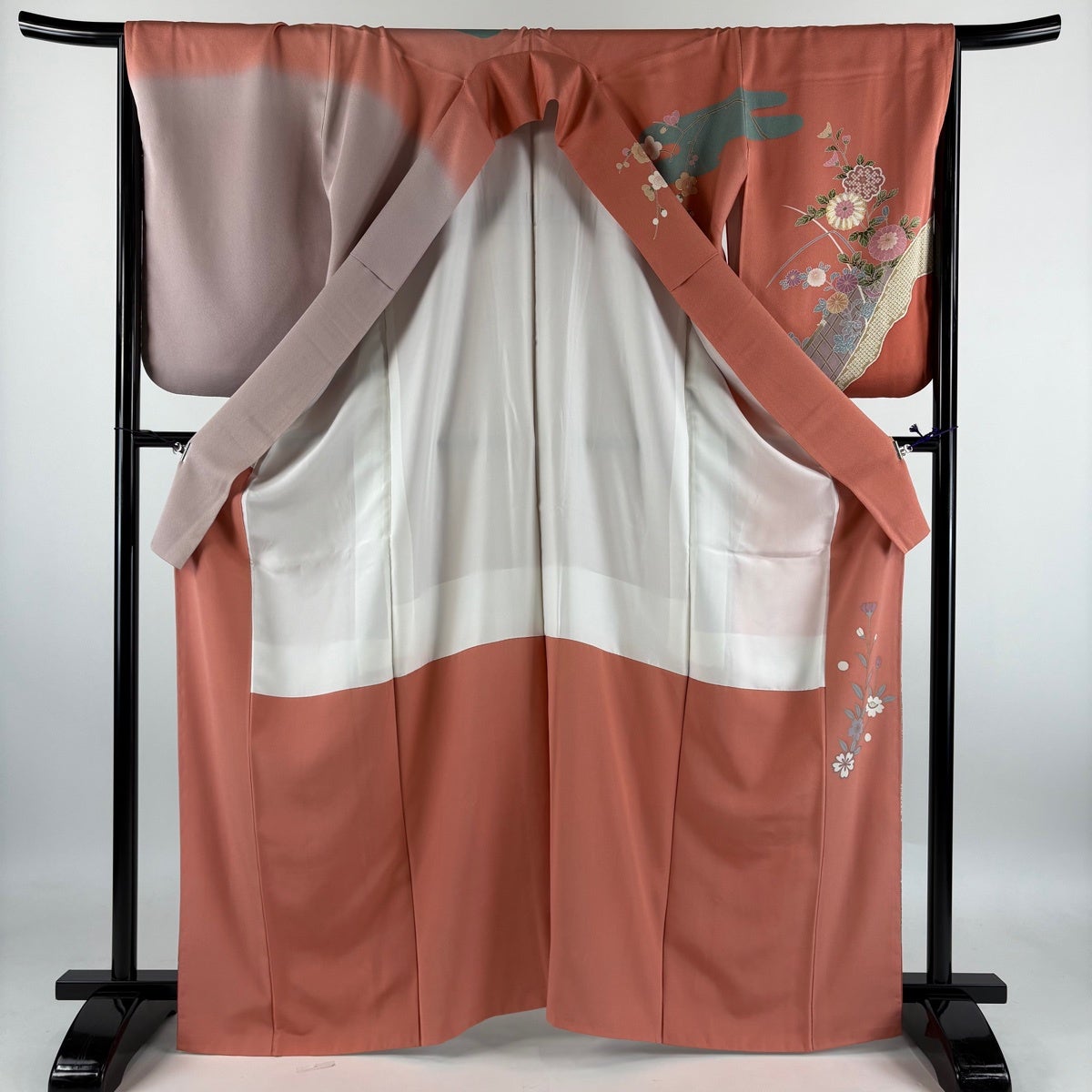訪問着 身丈166cm 裄丈68cm L 袷 草花 流水 金糸 金銀彩 サーモン