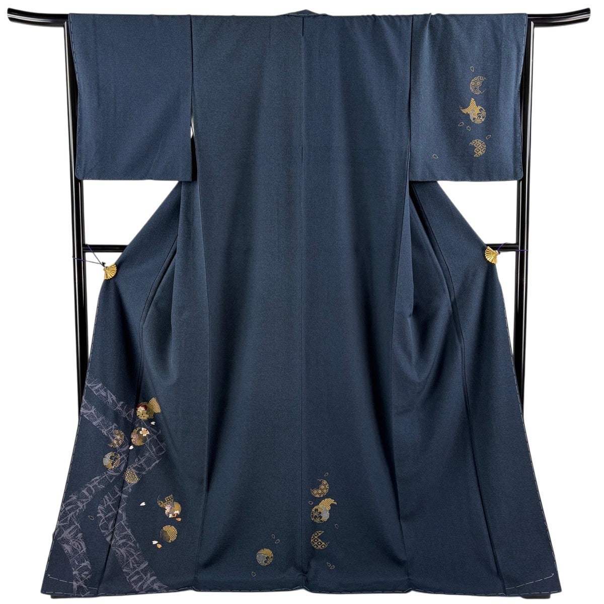ぽんた作家物 正絹 色留袖 豪華刺繍 鳳凰 紺鼠 身丈155.5cm 付下げ 身丈175cm 裄丈66.5cm M 袷 鈴乃屋 雪輪 桜 刺繍 箔 紺色 正絹