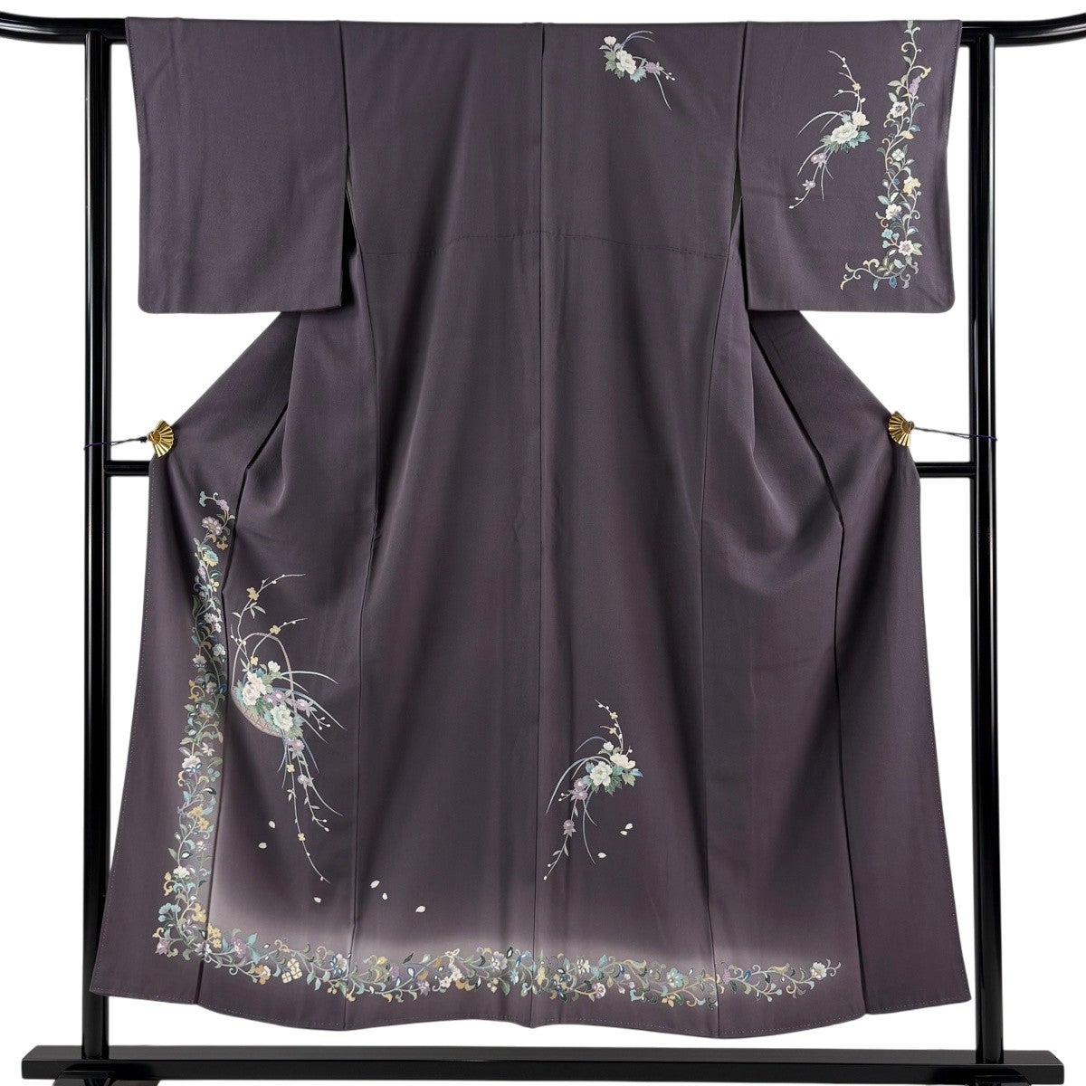 訪問着 身丈154cm 裄丈62cm S 袷 草花 葉柄 絞り 濃紫 正絹 秀品｜中古