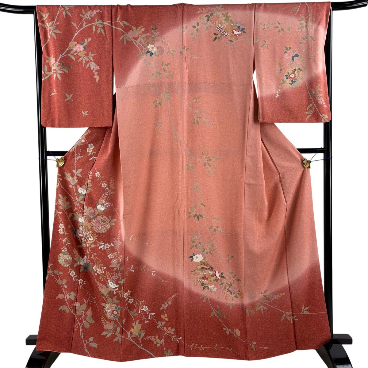 訪問着 身丈162.5cm 裄丈67cm M 袷 雪輪 花鳥 金糸 金彩 サーモン