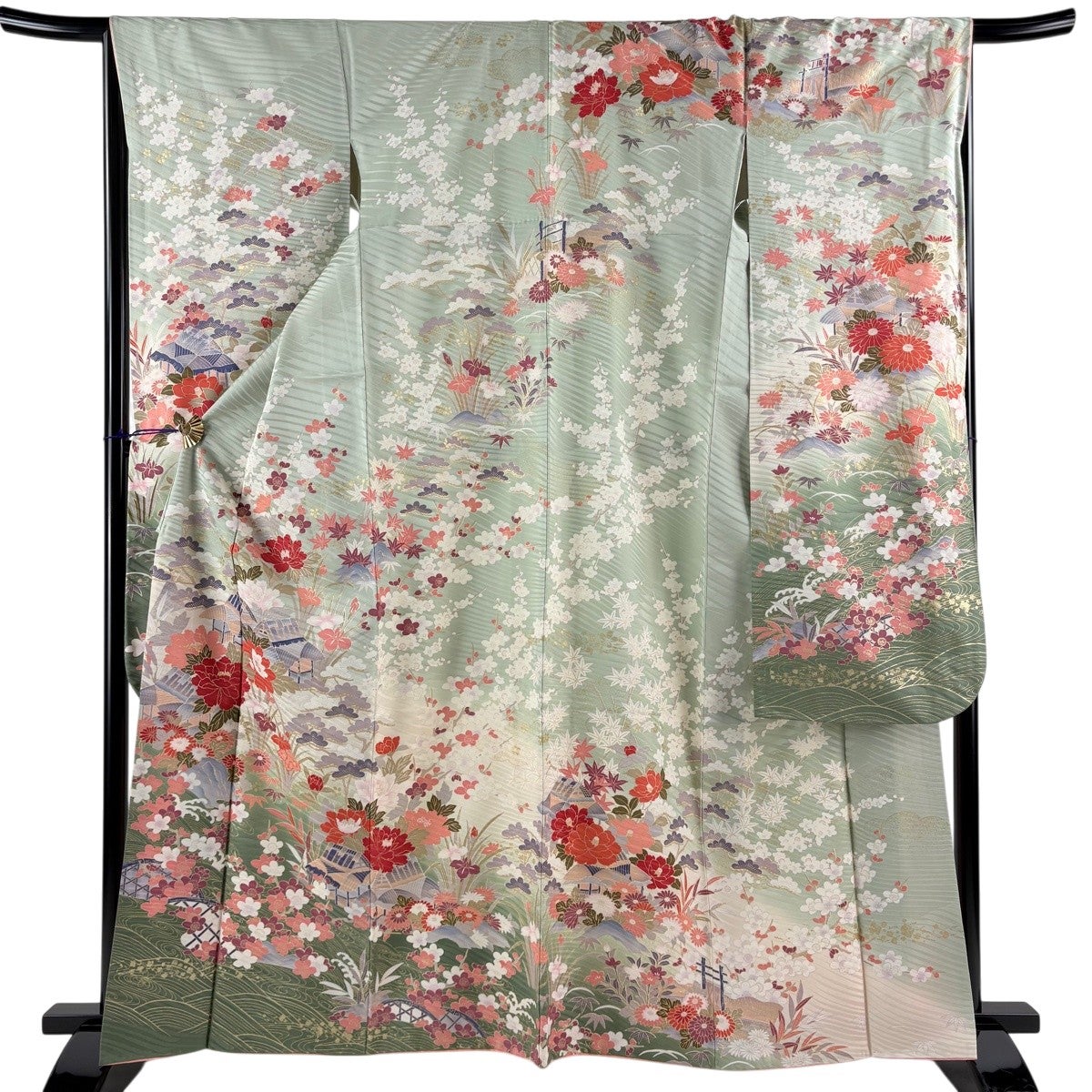 り*い様 【大特価】振袖　6点セット　牡丹柄　友禅　身丈164cm 金糸刺繍　あ 振袖 身丈163cm 裄丈66cm M 袷 牡丹 家屋 金糸 刺繍 抹茶色 正絹 秀品