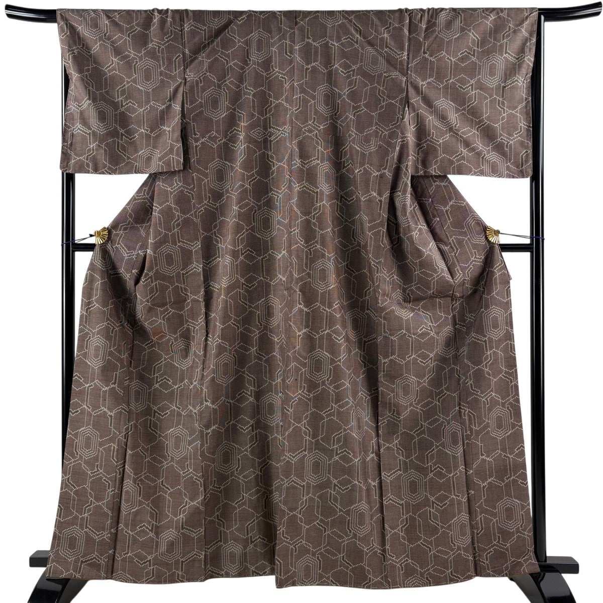 美品】 紬 身丈163cm 裄丈67cm M 袷 亀甲 焦茶色 正絹 秀品｜中古
